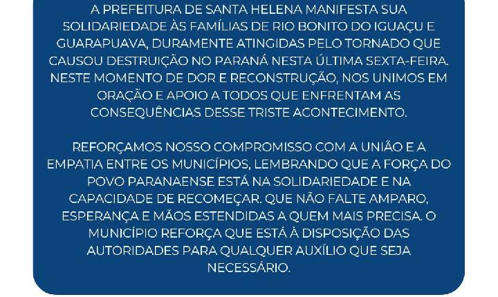 Município de Santa Helena manifesta solidariedade às famílias de Rio Bonito do Iguaçu e Guarapuava
