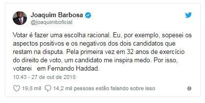 Às vésperas das eleições, Joaquim Barbosa declara apoio a Haddad