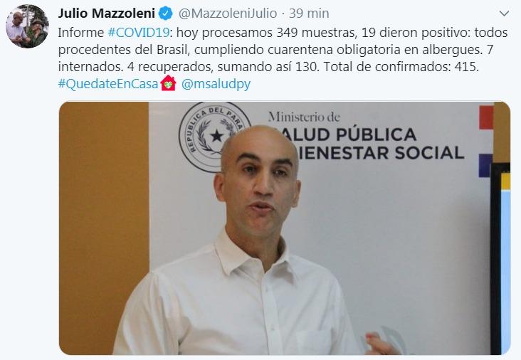 Casos de coronavírus chegam a 415 no Paraguai