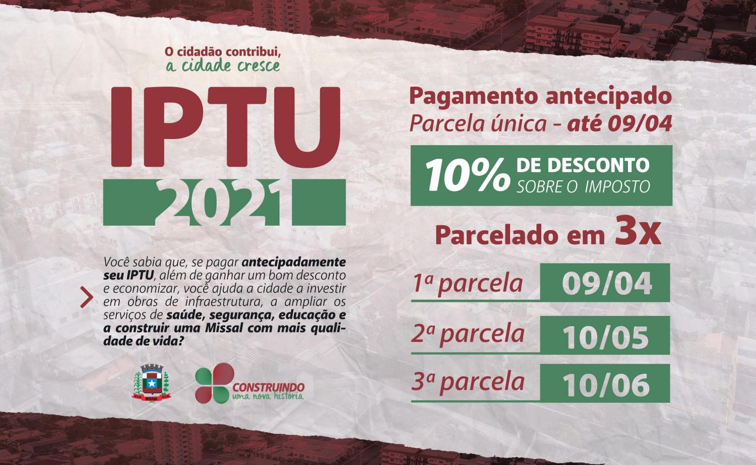 Guias de pagamento do IPTU 2021 estão disponíveis em Missal
