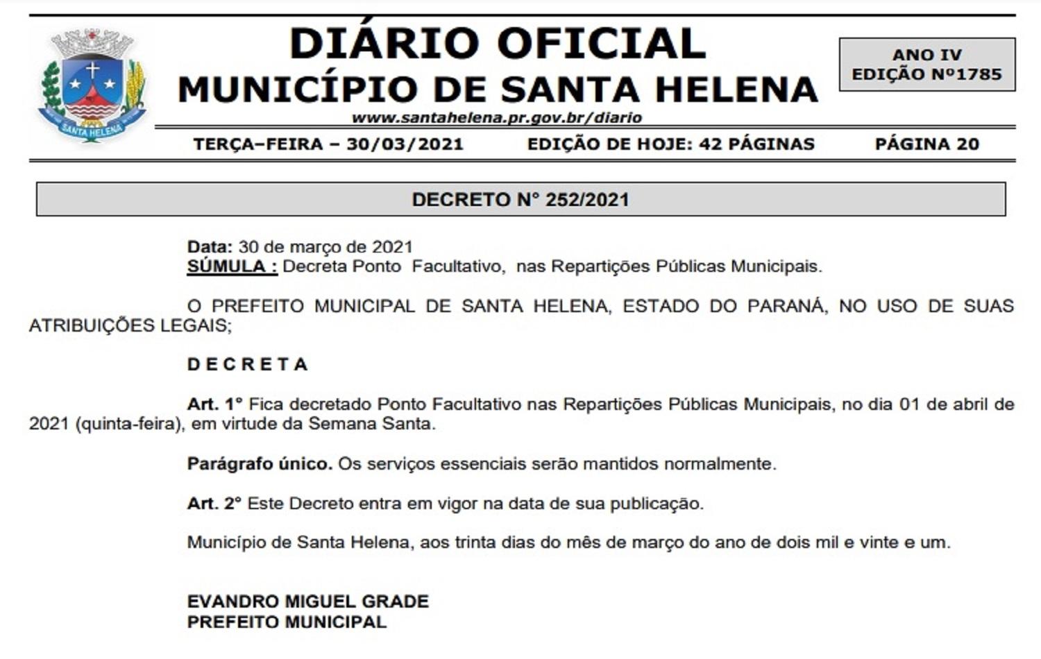 Zado decreta Ponto Facultativo nesta quinta(1º), em Santa Helena