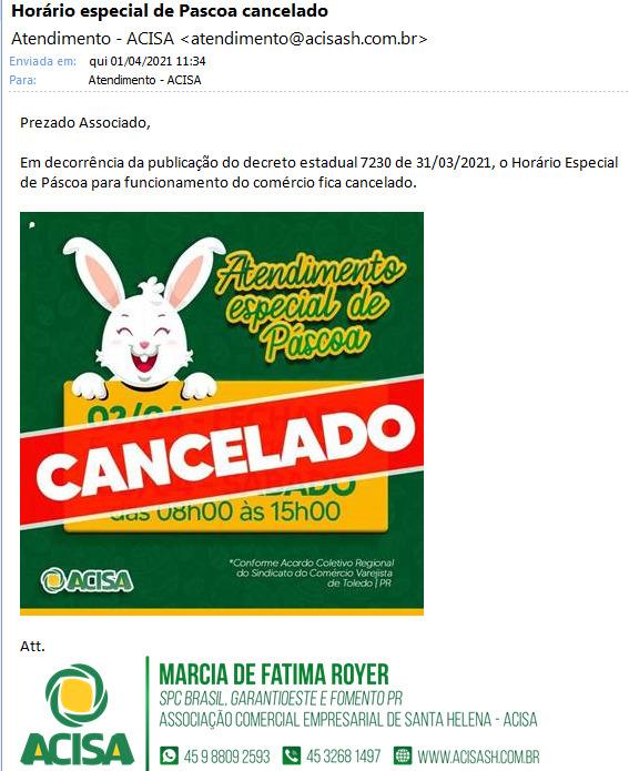 Decreto do Estado força cancelamento de horário especial de Páscoa no comércio de Santa Helena