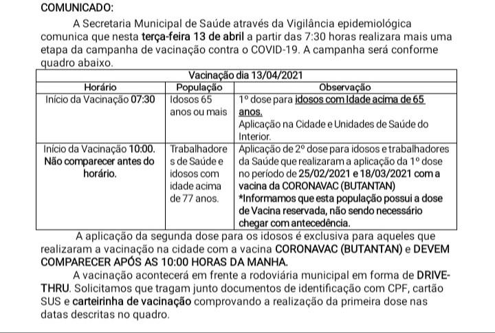 Santa Helena realiza terça-feira (13), mais uma etapa da vacinação contra o coronavirus