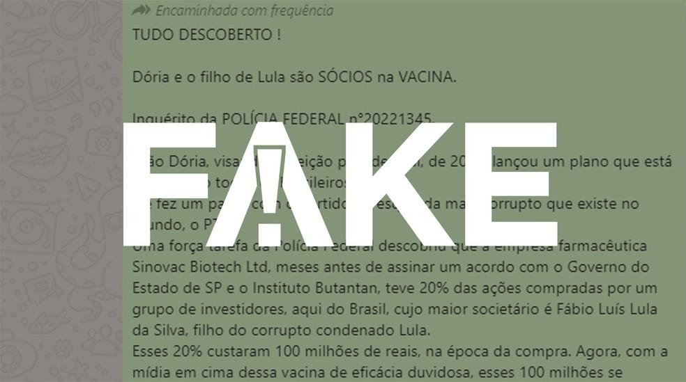 É #FAKE que filho de Lula comprou 20% das ações da Sinovac em acordo com governo de São Paulo