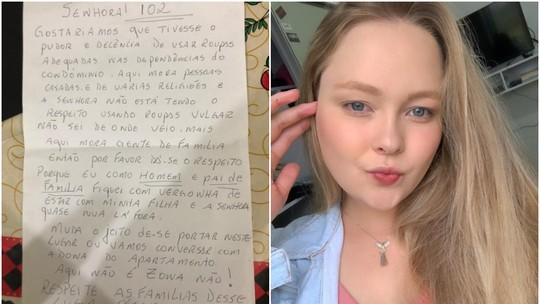 Jovem recebe carta de vizinho reclamando das roupas usadas por ela em condomínio no Paraná: 'Aqui não é zona', afirma.