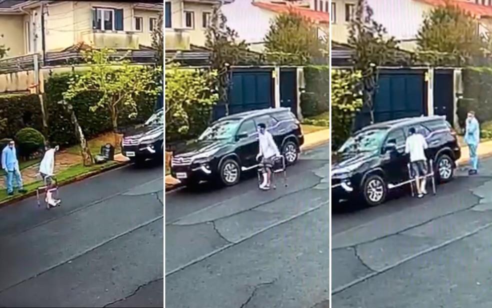 Câmeras de segurança flagram furto de caminhonete por homem usando andador e gesso