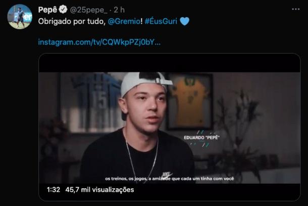 Em Foz, Pepê divulga vídeo de despedida do Grêmio e lembra gol em Gre-Nal