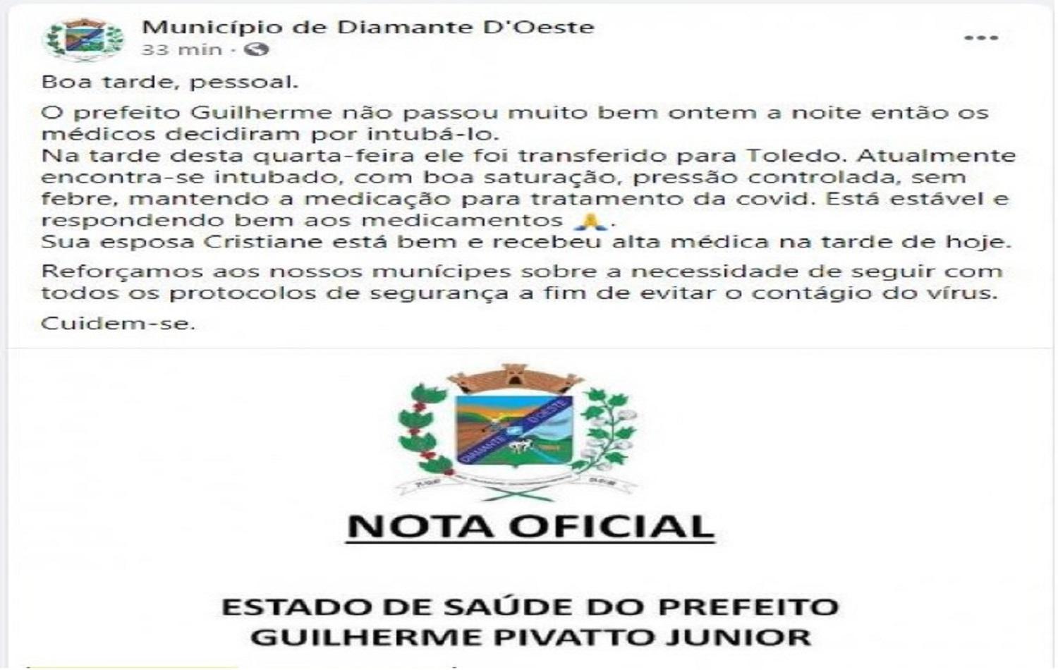 Prefeito de Diamante do Oeste é intubado e transferido para hospital de Toledo para tratamento da Covid-19