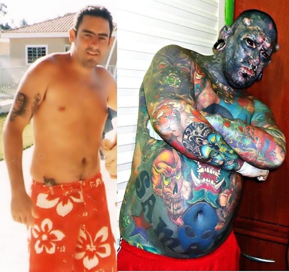Com 99% do corpo tatuado, recordista corta o nariz e vira o 'Caveira'