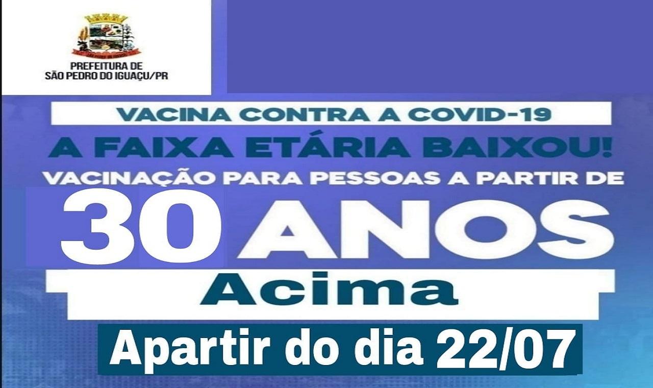Pessoas com 30 anos serão vacinadas nesta quinta-feira (22), em São Pedro do Iguaçu