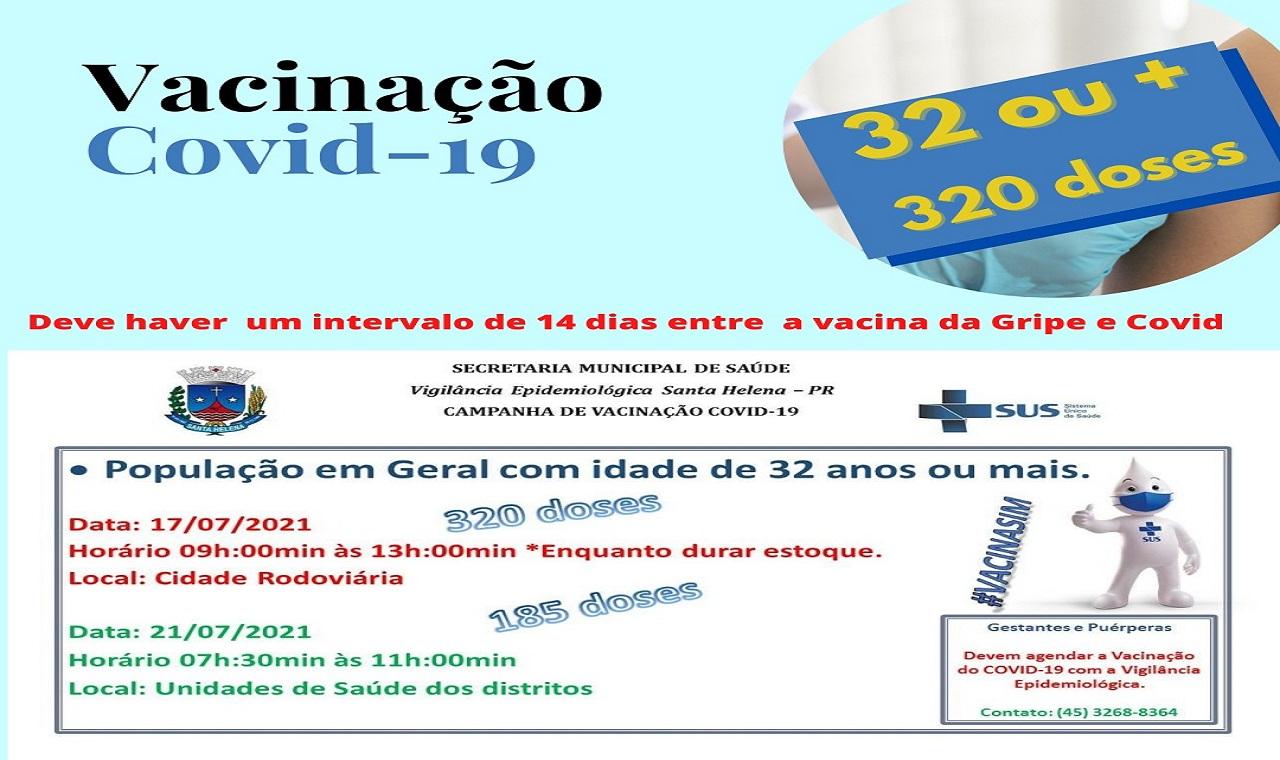 Santa Helena vacinará pessoas acima de 32 anos de idade neste sábado (17)