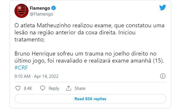 Matheuzinho, com lesão na coxa, não pega o São Paulo pelo Flamengo, e Bruno Henrique tem 