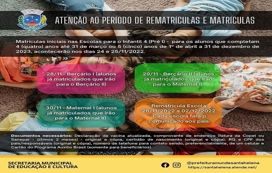 Período de matrículas e rematrículas na Rede Municipal de Ensino começa no dia 24 de novembro