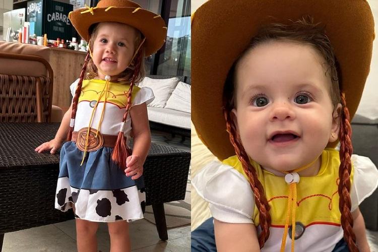 Virginia encanta com cliques de Maria Alice e Maria Flor vestidas de Toy Story