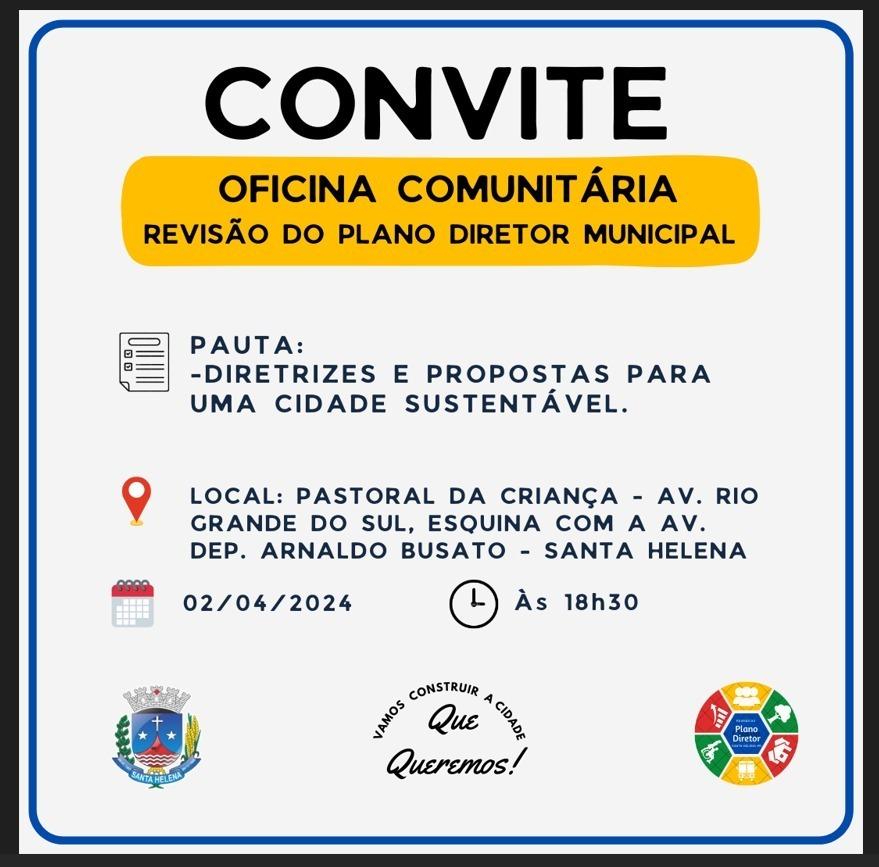 Revisão do Plano Diretor terá Oficina Comunitária na cidade nesta terça na Pastoral da Criança