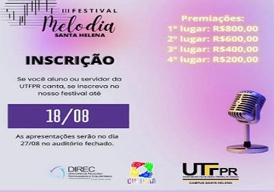 Etapa do III Festival Melodia da UTFPR acontece dia 27 de agosto em Santa Helena