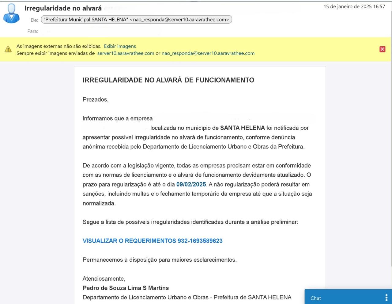 Prefeitura de Santa Helena elerta para e-mails golpistas