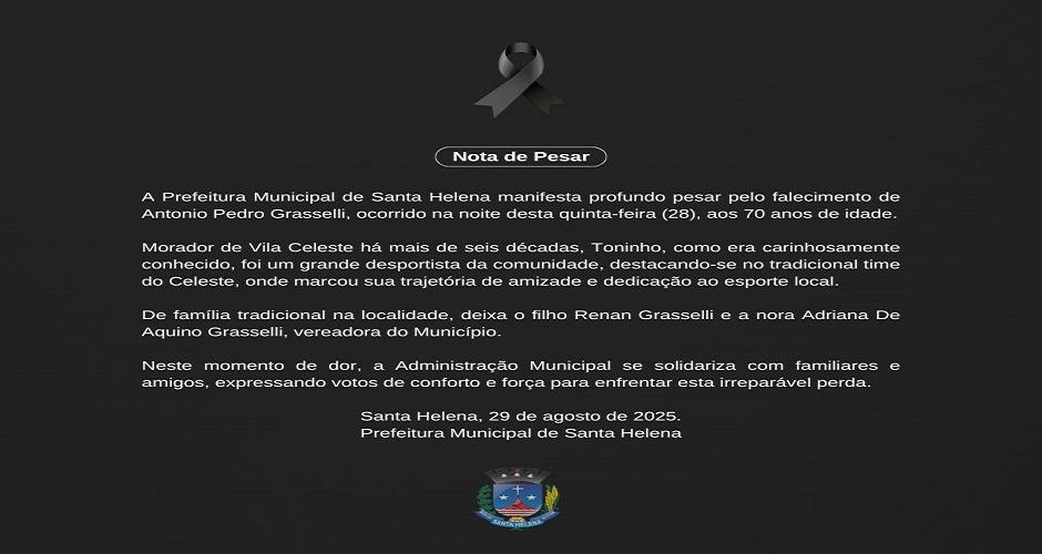 Prefeitura de Santa Helena lamenta morte de pioneiro