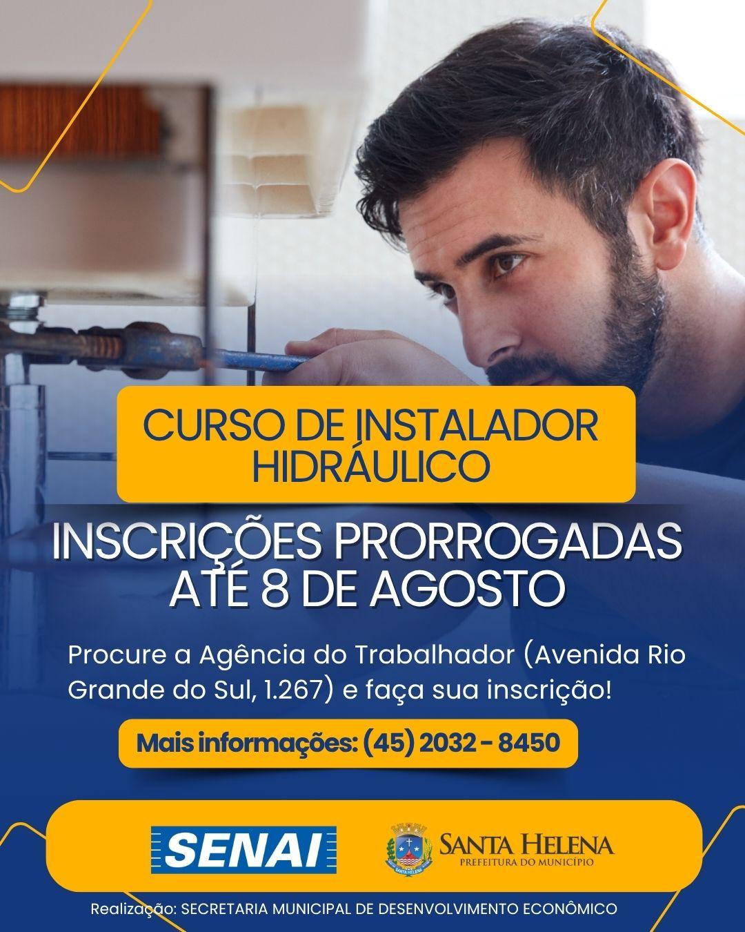 Prefeitura prorroga inscrições para curso gratuito de Instalador Hidráulico até 8 de agosto