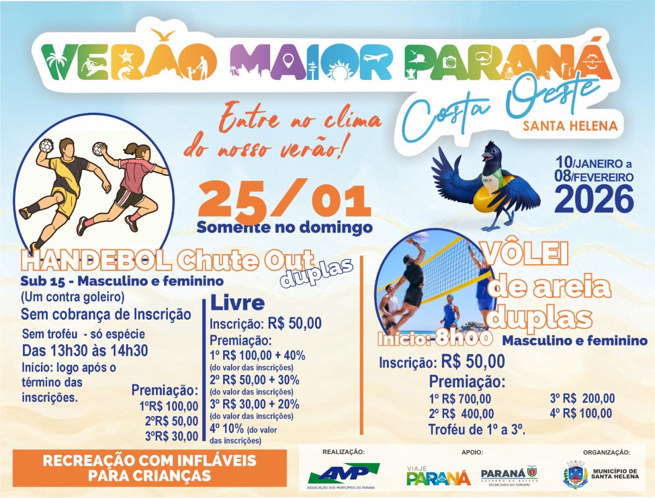 Santa Helena recebe programação esportiva do Verão Maior Paraná e shows do Pré-Carnaval Terra das Águas no Balneário