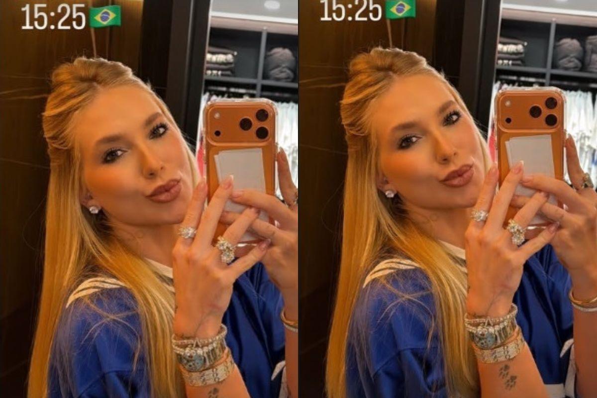 Virginia Fonseca usa camiseta de mais de R$ 8 mil para ver jogo de Vini Jr