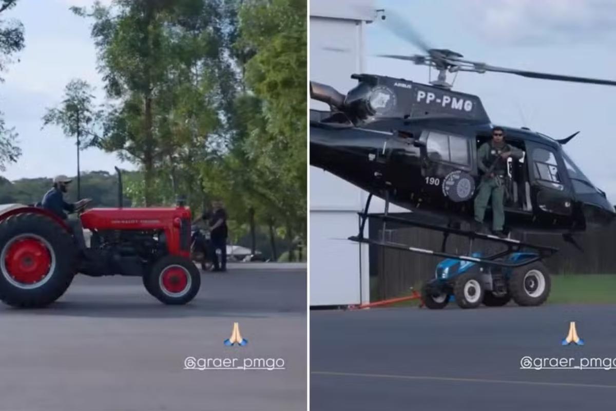 PM chega de helicóptero à fazenda de Gusttavo Lima e ele recebe em um trator