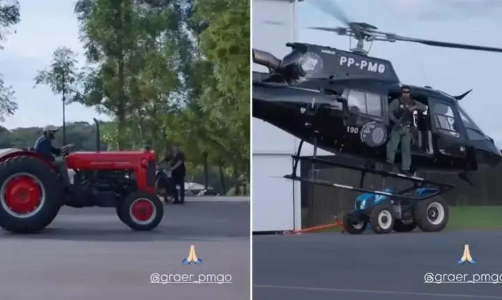 PM chega de helicóptero à fazenda de Gusttavo Lima e ele recebe em um trator
